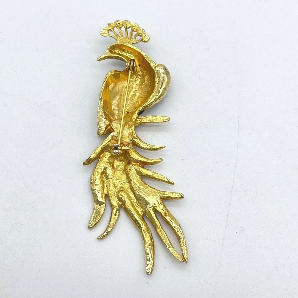 Vintage Enamel Peacock Brooch Gold Tone‎ Rhinestone Bird Statement Pin